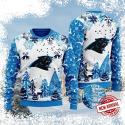 Show your Carolina Panthers pride this holiday season with our hilarious Winter Wonderland Ugly Christmas Sweater! Get ready for laughs and festive cheer. Shop now and be the talk of the party! - Image 1 - rugbyfanstore.com