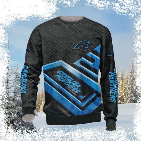 Show your Carolina Panthers pride this holiday season with our hilarious Ugly Xmas Sweater! Featuring a bold logo and festive design, it's perfect for any Panthers fan. Shop now and get ready to sprea - Image 1 - rugbyfanstore.com