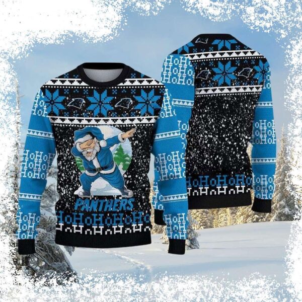 Spread holiday cheer with this hilarious "Santa Dabbin' Ho Ho Ho" Carolina Panthers ugly Christmas sweater! Perfect for game day or festive gatherings. Shop now and get ready to rock the ugliest sweat - Image 1 - rugbyfanstore.com