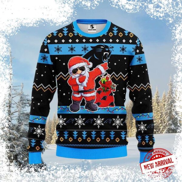 Show your Carolina Panthers pride this holiday season with this hilarious Ugly Christmas Sweater featuring Santa dabbing! Get yours today and spread the festive cheer! - Image 1 - rugbyfanstore.com