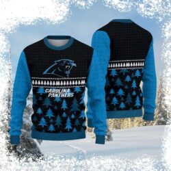 Show your Carolina Panthers pride in style with this hilarious ugly sweater featuring classic snowflakes, pine trees, and a touch of Panther spirit! Get yours today and be the talk of the holiday part - Image 1 - rugbyfanstore.com