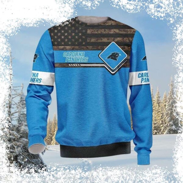 Show your Carolina Panthers pride this Christmas with this stylish American Flag design sweater. Perfect for game day or holiday gatherings! Shop now and get yours before they're gone! - Image 1 - rugbyfanstore.com