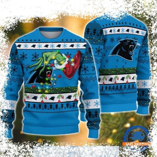 Show your festive spirit with this hilarious Christmas Lights Grinch and Carolina Panthers Ugly Sweater! Perfect for holiday parties and tailgating, this sweater is sure to get laughs. Shop now and be - Image 1 - rugbyfanstore.com