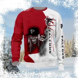 Show your Atlanta Falcons pride this Halloween with this hilarious Iron Maiden-themed Ugly Christmas Sweater. Perfect for parties or just rocking around the house! Shop now and be the talk of the seas - Image 1 - rugbyfanstore.com