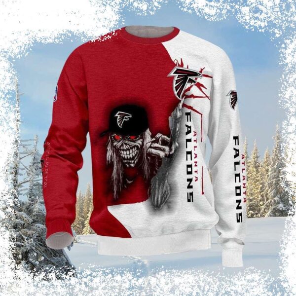 Show your Atlanta Falcons pride this Halloween with this hilarious Iron Maiden-themed Ugly Christmas Sweater. Perfect for parties or just rocking around the house! Shop now and be the talk of the seas - Image 1 - rugbyfanstore.com