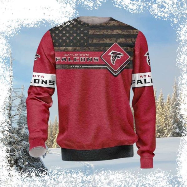 Show your Atlanta Falcons pride this holiday season with our unique American Flag design Ugly Christmas sweater! Get yours today and be the talk of the party. - Image 1 - rugbyfanstore.com