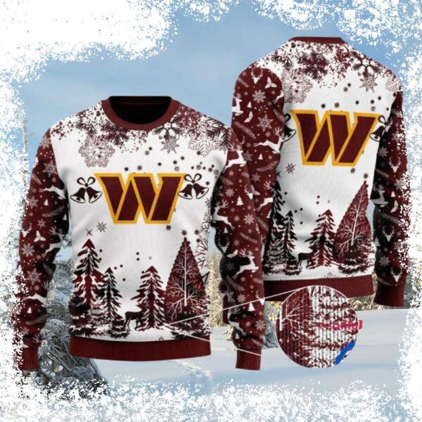 Show your Washington Commanders pride this holiday season with our hilarious Ugly Christmas Sweater! This festive sweater is perfect for any fan, featuring a unique winter wonderland design. Shop now - Image 1 - rugbyfanstore.com