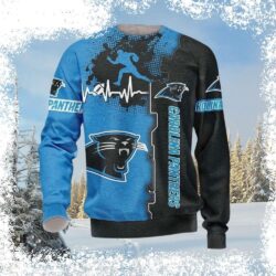 Show your Carolina Panthers pride in style with this ugly Christmas sweater featuring a unique football heartbeat design. Perfect for game day or holiday parties! Shop now and get ready to cheer! - Image 1 - rugbyfanstore.com