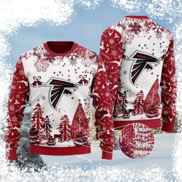 Show your team spirit this Christmas with our festive Red White Atlanta Falcons Christmas Sweater. Featuring bells, trees, and your favorite team's colors, this sweater is sure to turn heads. Shop now - Image 1 - rugbyfanstore.com