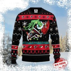 Show your Atlanta Falcons pride this holiday season with our hilarious Black Grinch Ugly Xmas Sweater! Featuring a festive pattern, this sweater is sure to turn heads. Shop now and get ready to spread - Image 1 - rugbyfanstore.com