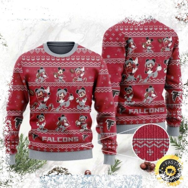 Show your Atlanta Falcons pride this holiday season with our hilarious Mickey Mouse Ugly Christmas Sweater! Perfect for game day or festive gatherings. Shop now and spread some holiday cheer! - Image 1 - rugbyfanstore.com