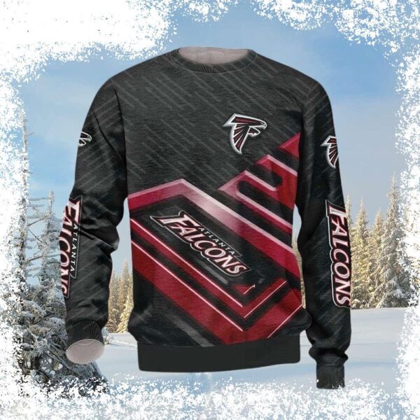 Show your Atlanta Falcons pride this Christmas with our hilarious Red and Black Striped Ugly Christmas Sweater! Perfect for holiday parties, this sweater is sure to turn heads. Shop now and get ready - Image 1 - rugbyfanstore.com