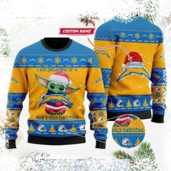 Show your love for Baby Yoda and the Chargers this Christmas with this stylish blue and gold sweater! Perfect for game day or cozy nights in. Shop now! - Image 1 - rugbyfanstore.com