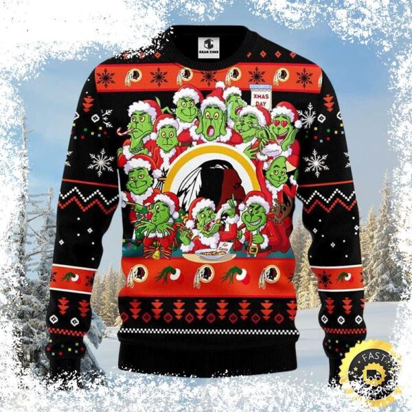 Show your Washington Commanders pride this Christmas with our hilarious Grinch Ugly Sweater! Perfect for the festive fan, this sweater features a Grinch-themed design with Commanders flair. Shop now! - Image 1 - rugbyfanstore.com