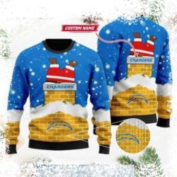 Show your Chargers pride this Christmas with our hilarious Santa Chimney Ugly Xmas Sweater! Customize it with your name and make a bold statement. Shop now for the perfect holiday gift! - Image 1 - rugbyfanstore.com