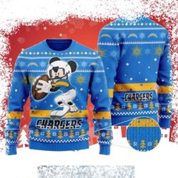 Show your Chargers pride this Christmas with this hilarious Mickey Mouse ugly sweater! Perfect for holiday parties and tailgates. Shop now and get ready to jingle all the way! - Image 1 - rugbyfanstore.com