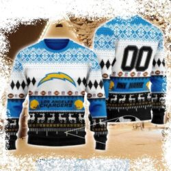 Show your Chargers pride this holiday season with a custom name reindeer ugly Christmas sweater! Get yours personalized today and spread some festive cheer! - Image 1 - rugbyfanstore.com