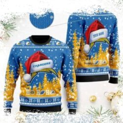 Show your Chargers pride this Christmas with a custom ugly sweater! Add your name and rock this hilarious Santa hat design. Shop now and get ready to cheer on your team in style! - Image 1 - rugbyfanstore.com