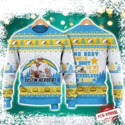 Show your Chargers pride this holiday season with this hilarious ugly Christmas sweater featuring a Justin Herbert quote! Get yours today and spread some festive football cheer. - Image 1 - rugbyfanstore.com