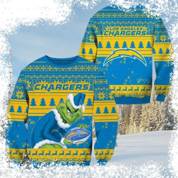 Show your Chargers pride this holiday season with our hilarious Grinch Holding Football Ugly Christmas Sweater! Perfect for game day or any festive gathering. Shop now and get ready to spread some ho - Image 1 - rugbyfanstore.com