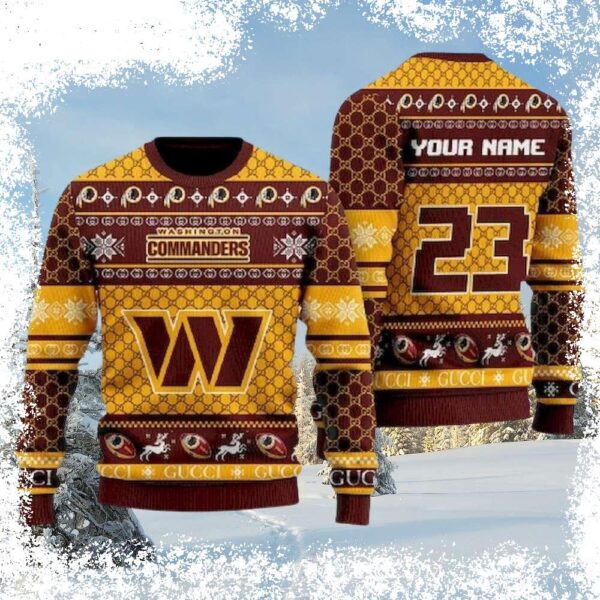 Show your Washington Commanders pride this holiday season with a personalized ugly Christmas sweater! Add your name and number for a unique gift. Shop now and get ready to jingle all the way! - Image 1 - rugbyfanstore.com