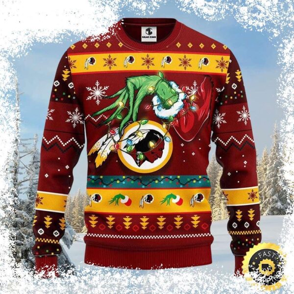 Show your team spirit with this hilarious Red Grinch Stealing Christmas Washington Commanders ugly sweater! Perfect for game day or holiday parties, this sweater is sure to get you noticed. Shop now a - Image 1 - rugbyfanstore.com