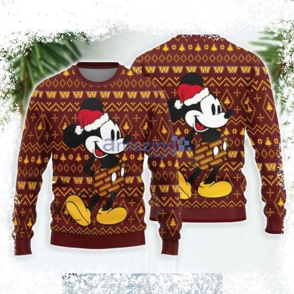 Show your team spirit this Christmas with this festive Mickey Mouse Washington Commanders sweater! Perfect for tailgating or cheering on the team at home. Shop now and get ready for the holiday season - Image 1 - rugbyfanstore.com