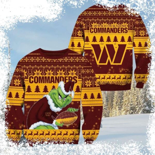 Show your Commanders pride this holiday season with our hilarious Grinch Holding Football Ugly Xmas Sweater! This festive sweater is perfect for game day or any holiday gathering. Shop now and spread - Image 1 - rugbyfanstore.com