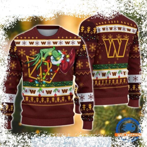 Show your Washington Commanders pride this Christmas with our hilarious Grinch and Christmas Lights ugly sweater! Perfect for holiday parties and tailgates. Shop now and get ready to spread some festi - Image 1 - rugbyfanstore.com