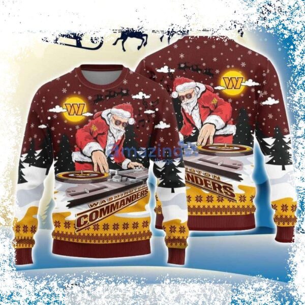 Show your Washington Commanders pride this Christmas with our festive DJ Santa Claus sweater! Get yours today and spread holiday cheer! - Image 1 - rugbyfanstore.com