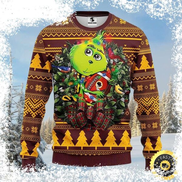 Show your Commanders pride this holiday season with our festive Grinch and Wreath Ugly Christmas Sweater! Perfect for game day or holiday parties, this sweater is sure to turn heads. Shop now! - Image 1 - rugbyfanstore.com