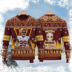 Show your Washington Commanders pride this Christmas with this hilarious Chase Young-themed ugly sweater! Perfect for game day or holiday gatherings. Shop now and get ready to spread some festive chee - Image 1 - rugbyfanstore.com