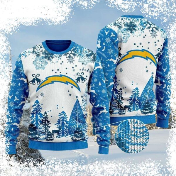 Show your Chargers pride this holiday season with this hilarious and cozy Ugly Xmas Sweater. Featuring a snowy forest design and team colors, it's the perfect gift for any fan. Shop now and get yours! - Image 1 - rugbyfanstore.com