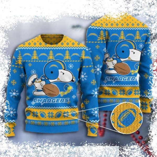 Show your Chargers pride this holiday season with our hilarious Snoopy Ugly Christmas Sweater! Perfect for game day or festive gatherings. Shop now and get ready to spread the cheer! - Image 1 - rugbyfanstore.com