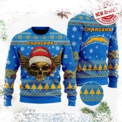 Show your Chargers pride this holiday season with this hilarious Santa Skull ugly Christmas sweater! Unique design, perfect for any fan. Shop now and get ready to spread holiday cheer! - Image 1 - rugbyfanstore.com