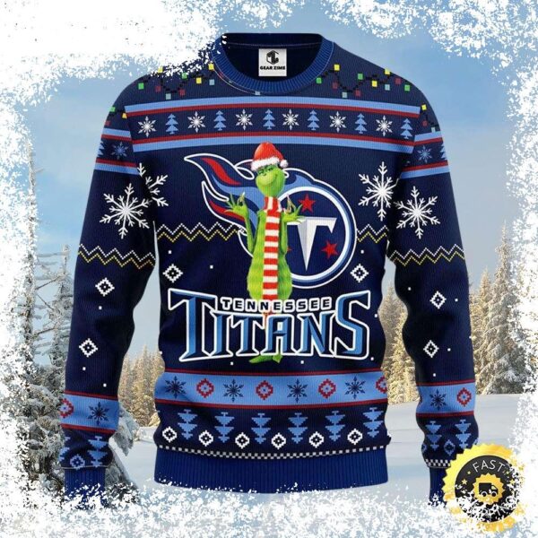 Show your team spirit with this festive Tennessee Titans Grinch Santa Ugly Christmas Sweater! Perfect for game day or holiday gatherings. Shop now and spread some Christmas cheer! - Image 1 - rugbyfanstore.com