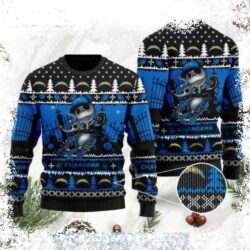 Show your Charger pride this Christmas with this hilarious Jack Skellington Ugly Christmas Sweater! Perfect for game day or festive gatherings. Shop now and spread some spooky cheer! - Image 1 - rugbyfanstore.com