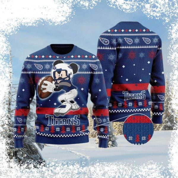 Show your Tennessee Titans pride this Christmas with our adorable Mickey Mouse football sweater! Perfect for game day or cozy nights in, this festive sweater is a must-have for any fan. Shop now! - Image 1 - rugbyfanstore.com