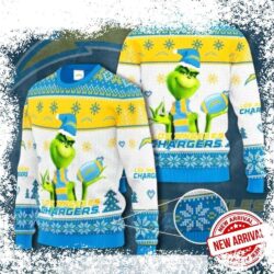 Show your Charger pride this holiday season with this hilarious Grinch-themed ugly Christmas sweater! Featuring bold yellow and blue colors, this sweater is perfect for any fan looking to stand out. S - Image 1 - rugbyfanstore.com