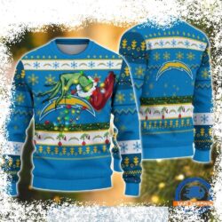 Show your Chargers pride this holiday season with our Grinch-themed ugly Christmas sweater! Perfect for festive gatherings or tailgating, this sweater is sure to turn heads. Shop now and get ready to - Image 1 - rugbyfanstore.com