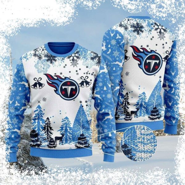 Show your Tennessee Titans pride this holiday season with this festive, ugly Christmas sweater! Featuring a snowy forest design, it's the perfect way to cheer on your team while staying warm. Shop now - Image 1 - rugbyfanstore.com