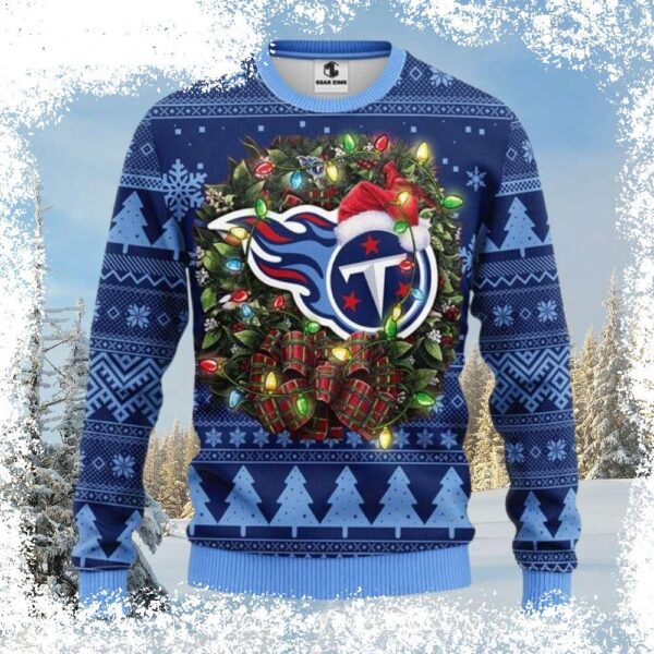 Show your Tennessee Titans pride this Christmas with our festive Wreath and Lights sweater! Perfect for game day or holiday gatherings. Shop now and get ready to cheer! - Image 1 - rugbyfanstore.com