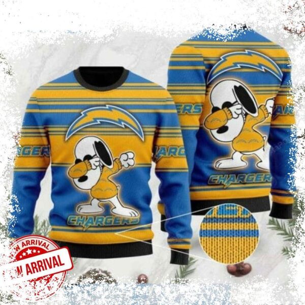 Show your Chargers pride this holiday season with this hilarious Dabbing Snoopy Ugly Christmas Sweater! Perfect for game day or festive gatherings. Shop now and spread some holiday cheer! - Image 1 - rugbyfanstore.com