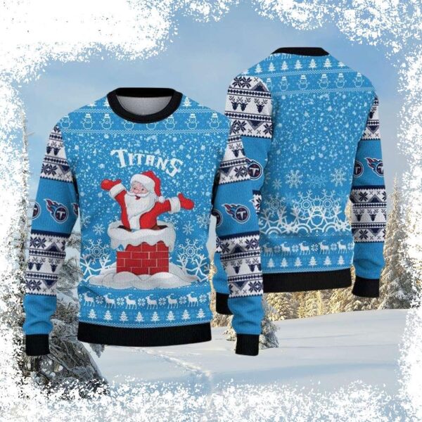 Show your Tennessee Titans pride this holiday season with this hilarious Santa in chimney ugly Christmas sweater! Perfect for game day or holiday gatherings. Shop now! - Image 1 - rugbyfanstore.com