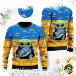 Show your Chargers pride this holiday season with our adorable Baby Yoda ugly Christmas sweater! This cute design is perfect for any fan. Shop now and get ready to spread some festive cheer! - Image 1 - rugbyfanstore.com