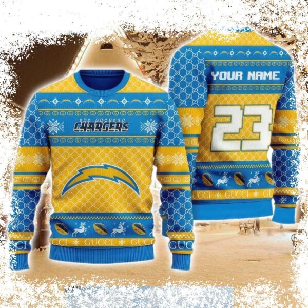 Show your Chargers pride this holiday season with our hilarious, custom-designed ugly Christmas sweater! Featuring yellow and blue, it's the perfect way to stand out at your next holiday party. Shop n - Image 1 - rugbyfanstore.com