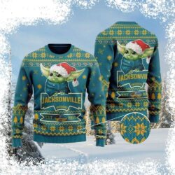 Show off your Jacksonville Jaguars pride this Christmas with our hilarious Baby Yoda Santa Ugly Christmas Sweater! Perfect for game day or holiday gatherings. Shop now and get ready to spread some fes - Image 1 - rugbyfanstore.com