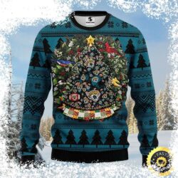 Show your Jacksonville Jaguars pride this holiday season with this hilarious ugly Christmas sweater! Featuring a festive ball pine tree design, it's perfect for holiday parties or cheering on your tea - Image 1 - rugbyfanstore.com