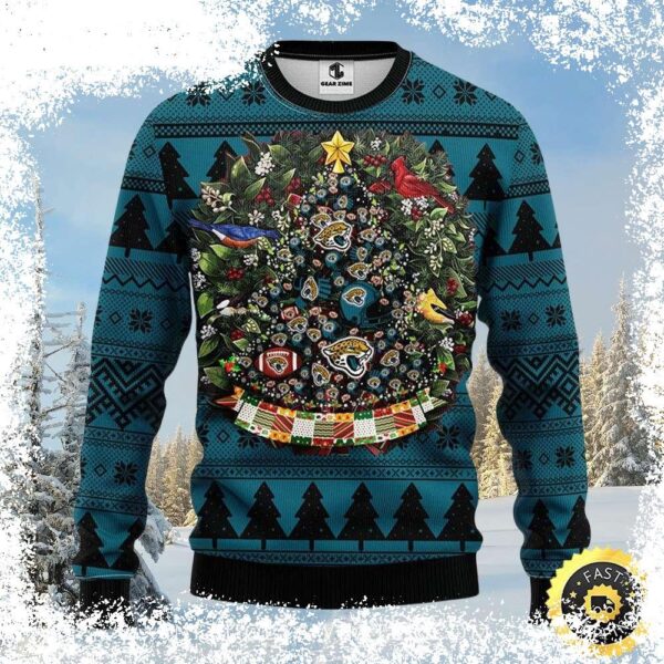 Show your Jacksonville Jaguars pride this holiday season with this hilarious ugly Christmas sweater! Featuring a festive ball pine tree design, it's perfect for holiday parties or cheering on your tea - Image 1 - rugbyfanstore.com