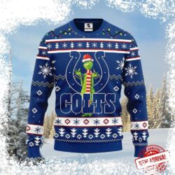 Show your Colts pride this Christmas with this hilarious Grinch-themed ugly sweater! Featuring the iconic Grinch in the Colts logo, this sweater is perfect for any fan. Get yours today! - Image 1 - rugbyfanstore.com